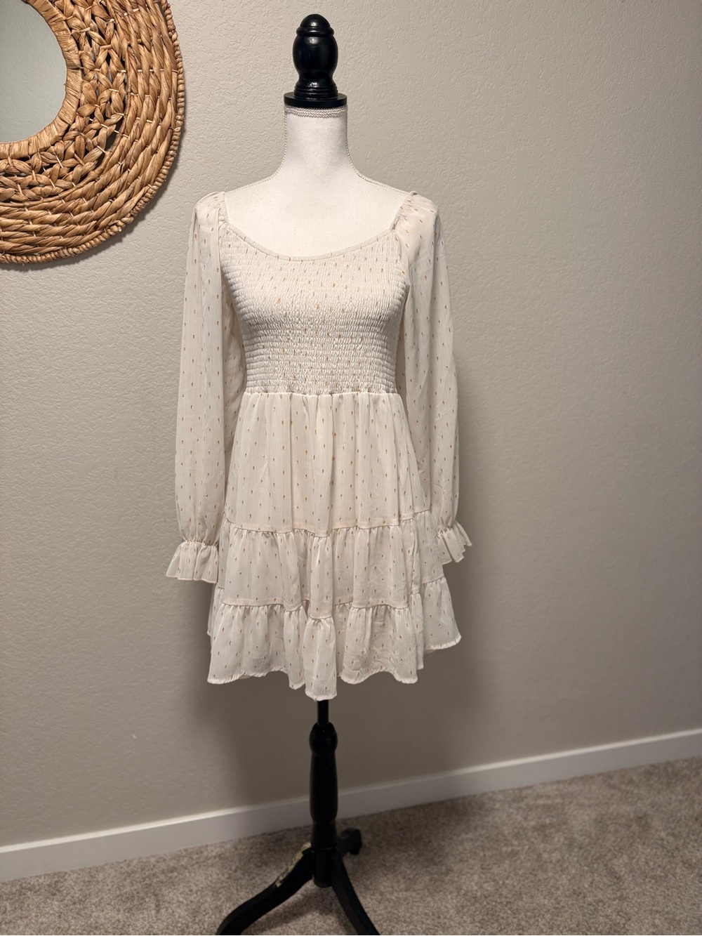 Peach Love California Ivory Smocked Long-Sleeve Tiered Mini Dress